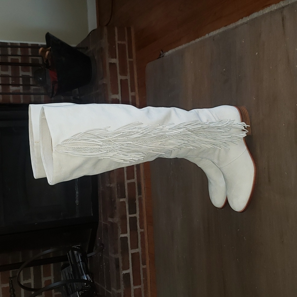 Sam Edelman White Over the Knee Boots with Fringe Josephine Womens 8